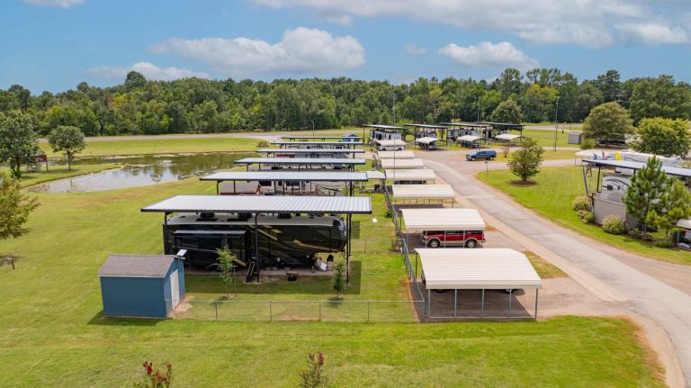 Covered RV sites at Antique Capital RV Park near Longview, Texas.
