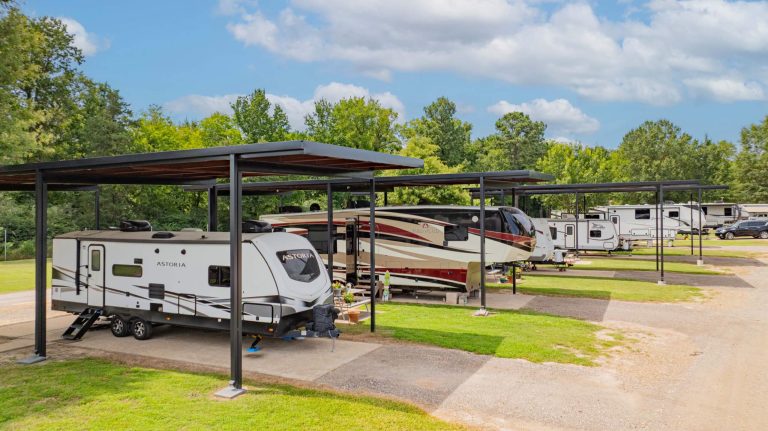 Covered RV site at Antique Capital RV Park near Kilgore and Tyler, Texas.
