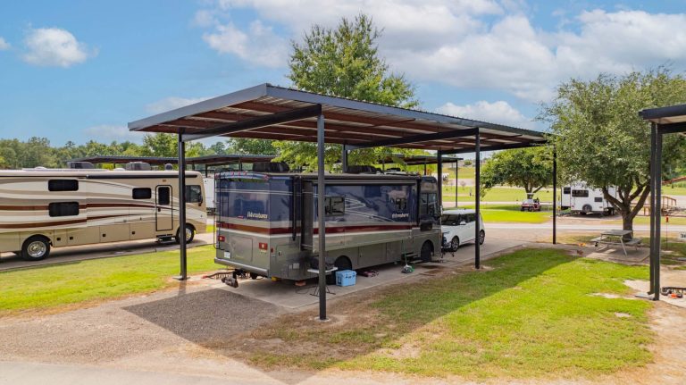 Custom covered RV sites at Antique Capital RV Park in Gladewater, East Texas.